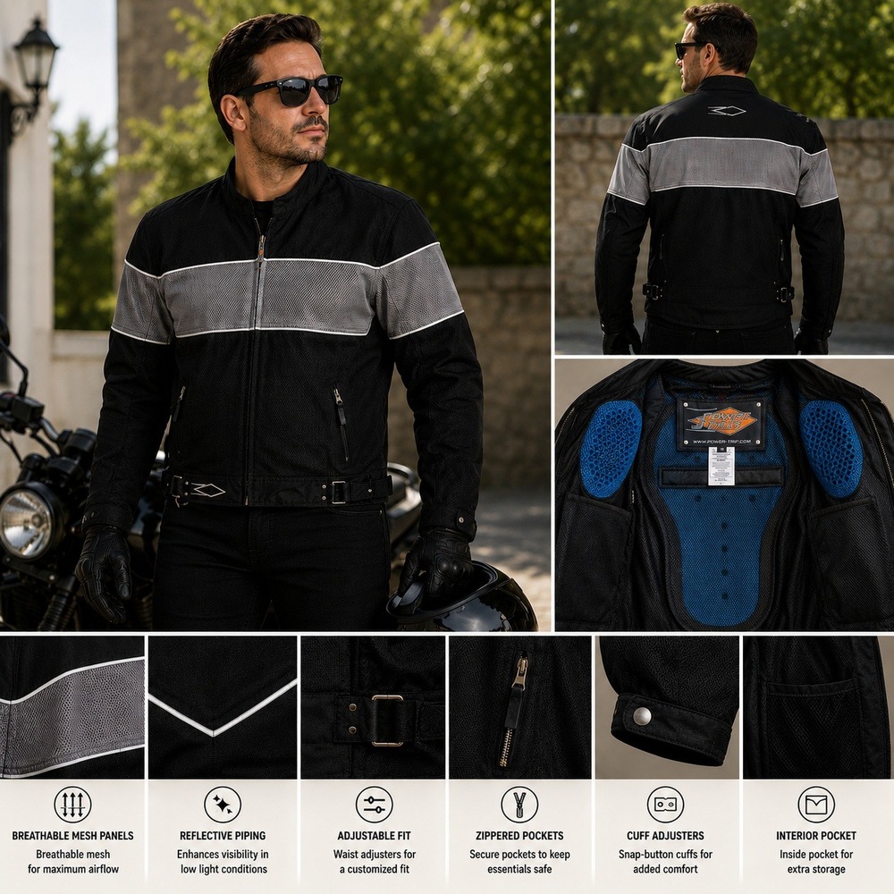 Power Trip Mens Mesh Motorcycle Jacket Black Gray Armored Removable Liner Size M